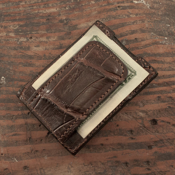 Magnetic money clip in genuine crocodile leather, brown