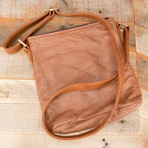 Brown Leather Purse with Ostrich Leather Inlay - Crossbody Style Festival Bag on sale - Medium Round Handbag