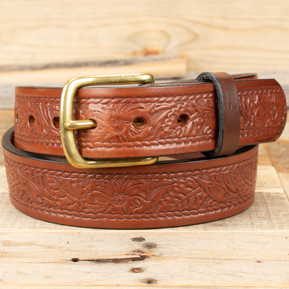 Brown Rope Floral Embossed English Bridle Leather Belt – Yoder Leather ...